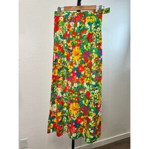 Vintage Handmade Womens 70's Bright Floral Skirt Straight Size Small Florecent